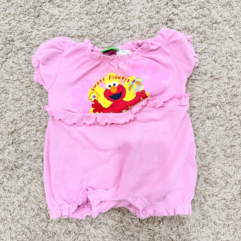 Sesame Street Elmo Sweet Flowers Pink Romper Ruffle Infant Girls Size 6-9 Months